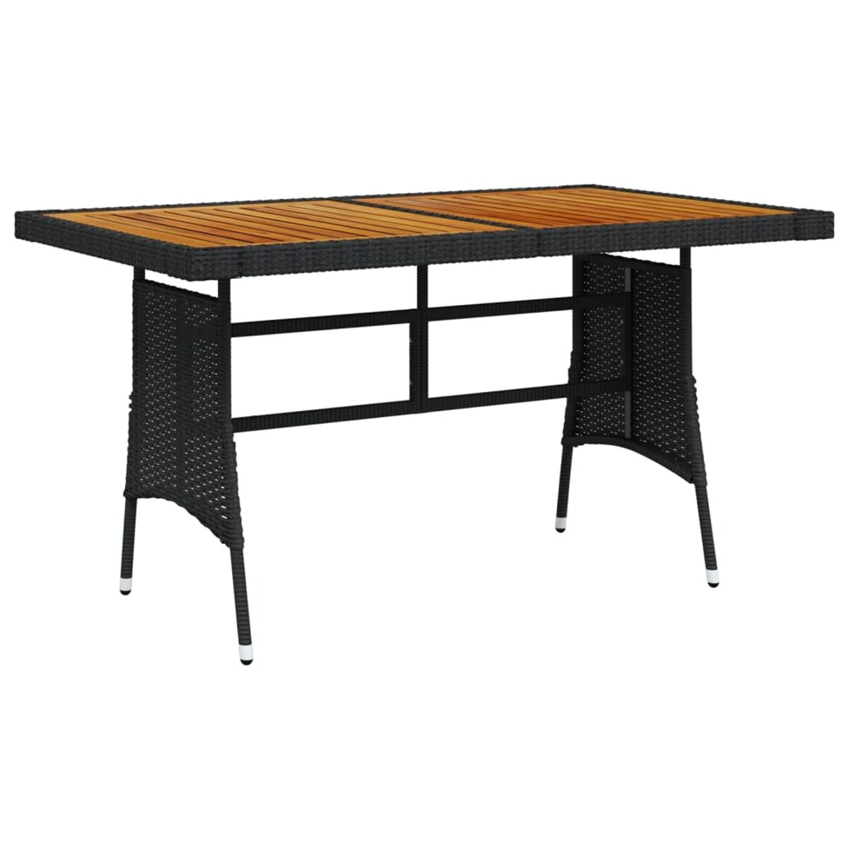 Rechteckiger Tisch mit gewebter Holzplatte und schwarzen Metallbeinen.