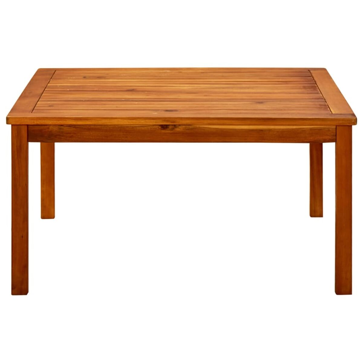 Quadratischer Holztisch mit Lattenrost und quadratischen Beinen. Vorderansicht, weißer Hintergrund.