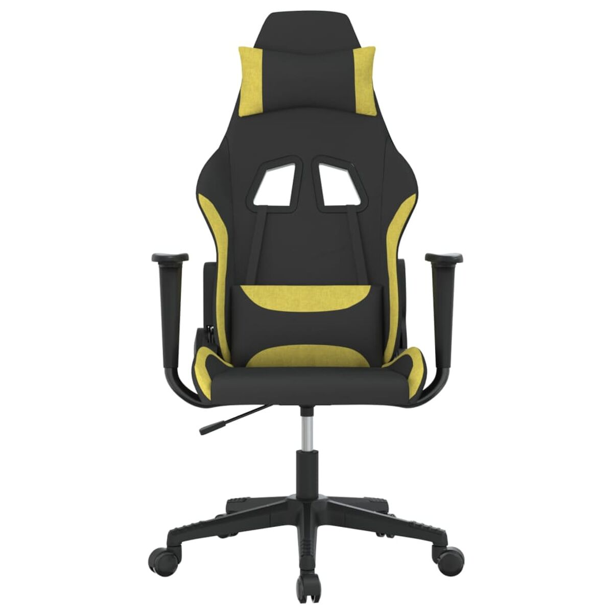 Sedia da gaming nera e gialla con ruote e poggiatesta, vista frontale.