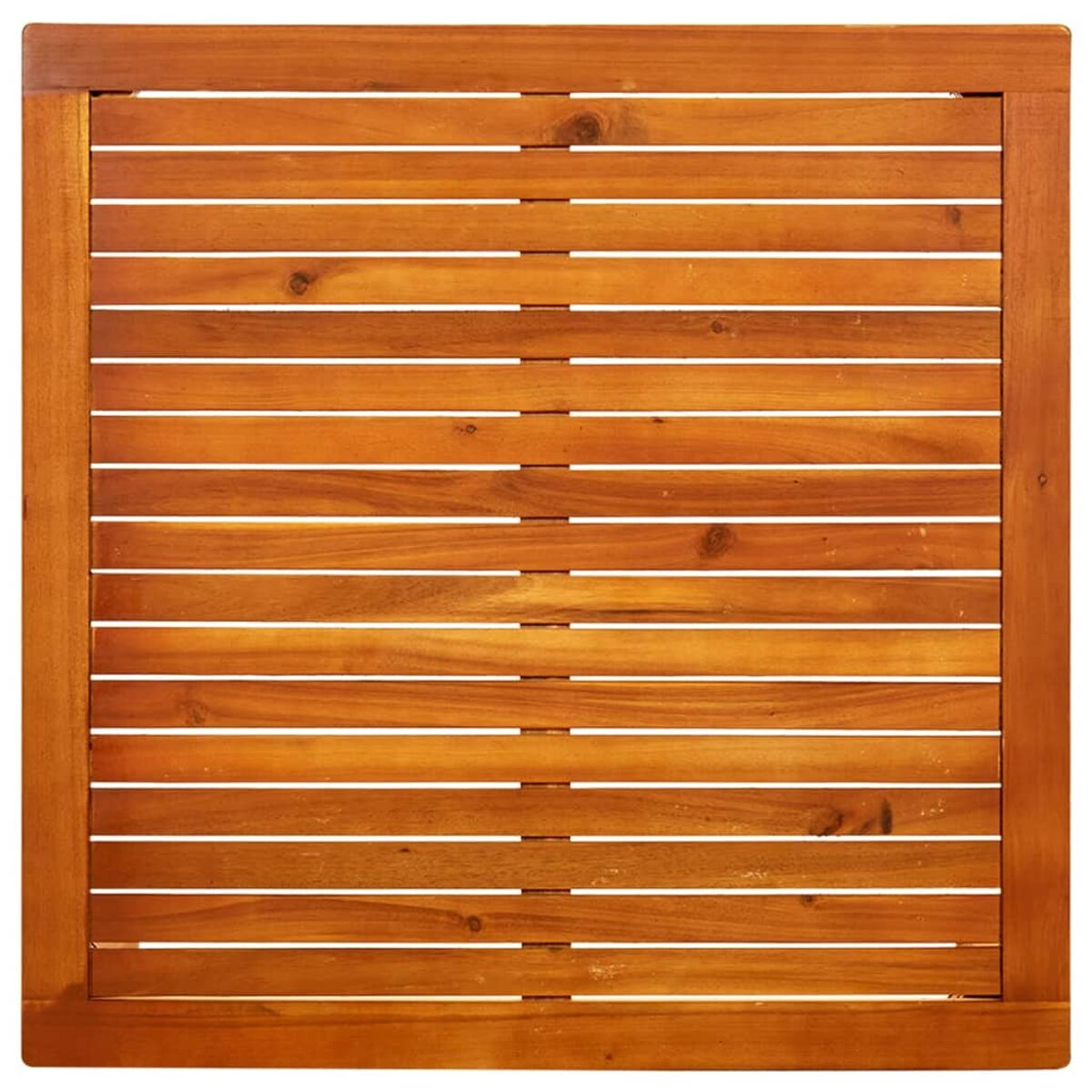 Quadratische Tischplatte aus Holz mit horizontalen Lamellen. Braune Farbe, die ein natürliches Holzbild ergibt.