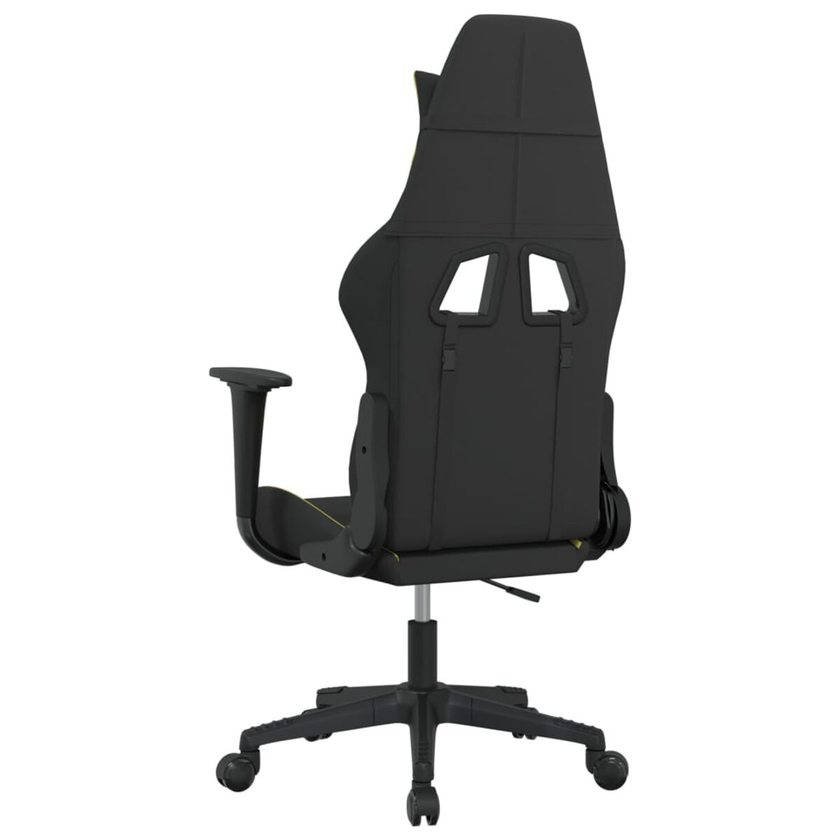 Sedia da gaming nera con dettagli gialli, vista posteriore. Ruote, schienale alto e braccioli.
