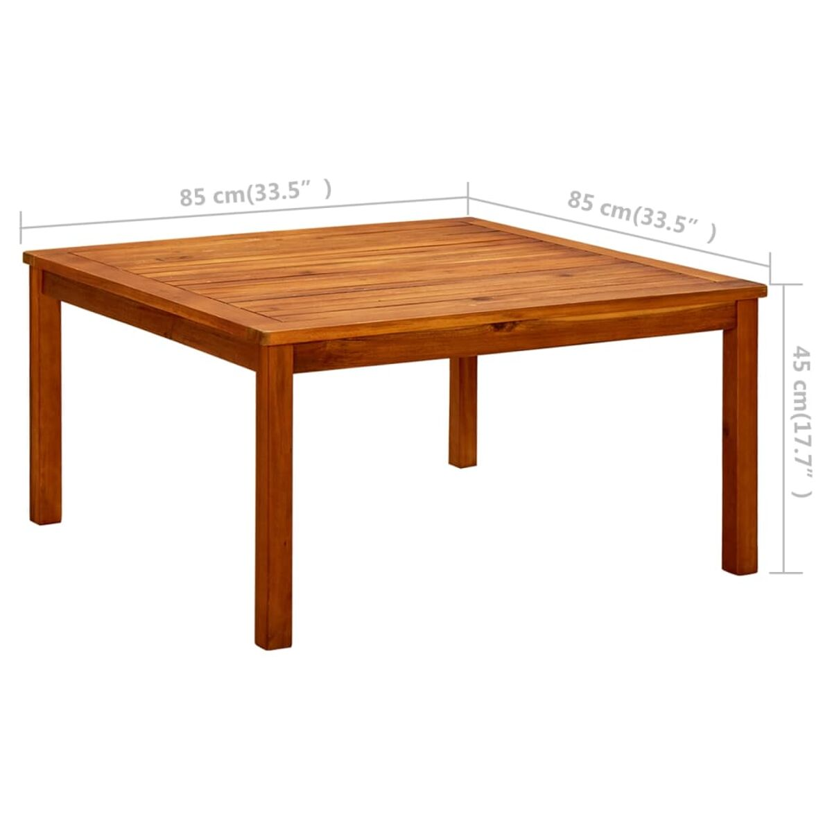 Quadratischer brauner Holztisch. Er hat Holzbretter oben und Beine. Abmessungen werden angezeigt.