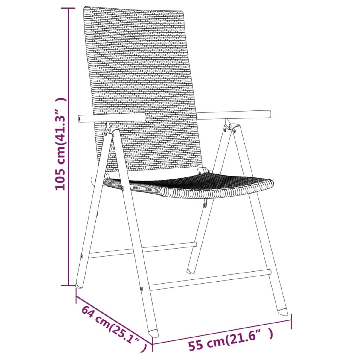Diagramm des Klappstuhls mit Abmessungen. Der Stuhl ist schwarz.