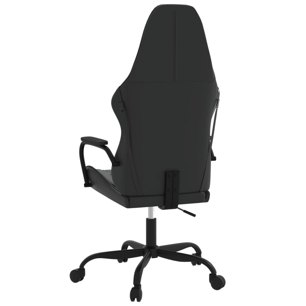 Rückansicht eines schwarzen Gaming-Stuhls mit Armlehnen und schwarzem Fuß, auf weißem Hintergrund.