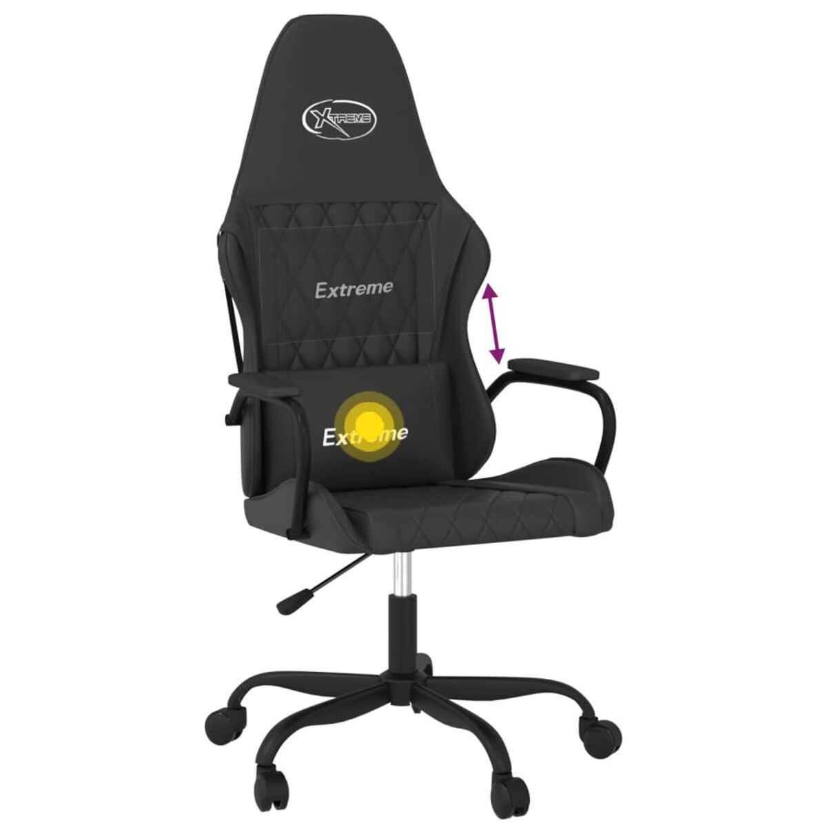 Schwarzer Gaming-Stuhl mit verstellbarer Rückenlehne und Kopfstütze. Weißer Hintergrund.