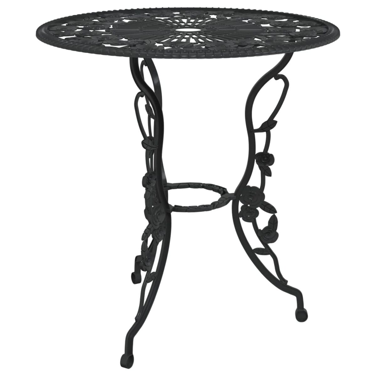 Runder schwarzer Metall-Gartentisch. Mit dekorativem Blumenmuster auf der Tischplatte und den Beinen.