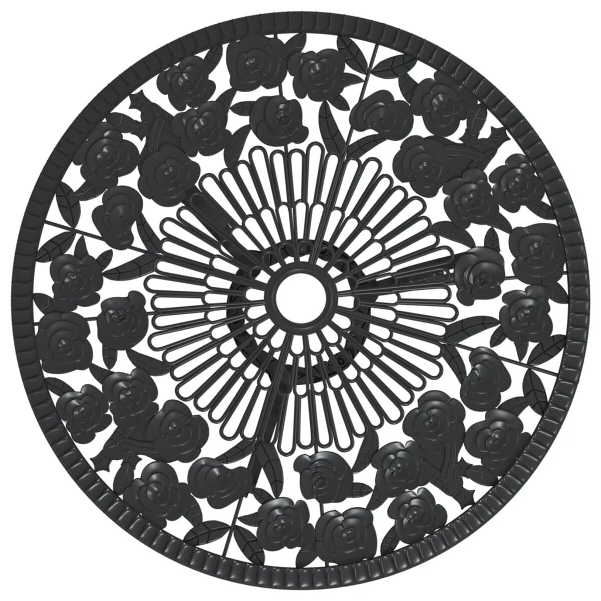 Schwarze, runde Tischplatte mit floralen Mustern. Sie hat ein Loch in der Mitte.