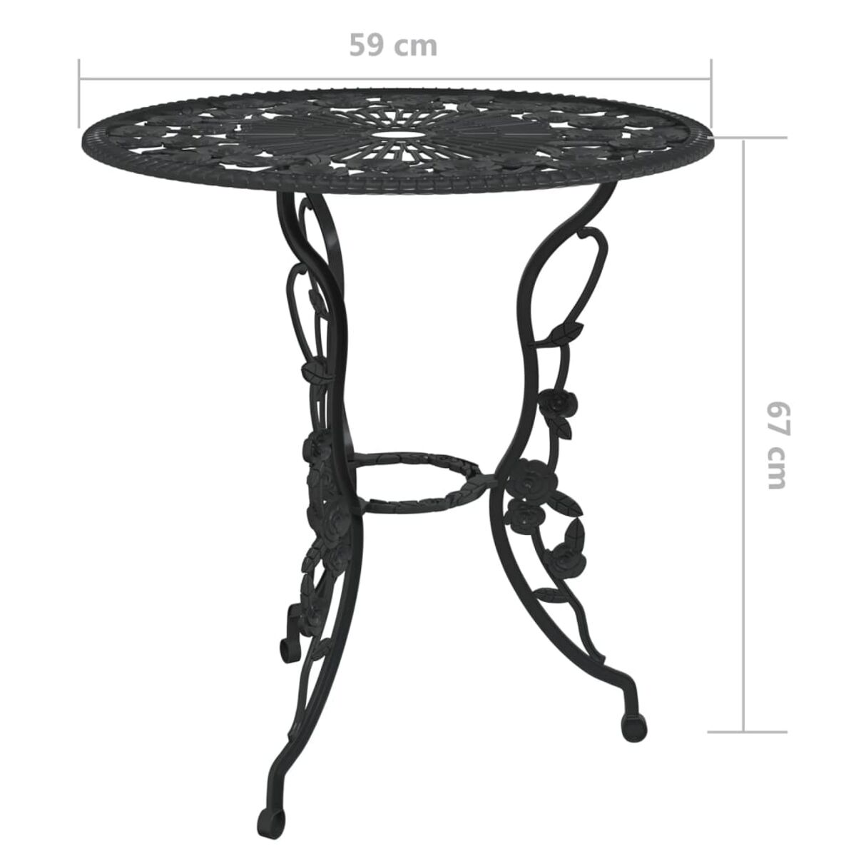 Schwarzer runder Gartentisch mit dekorativem Blumendesign. Abmessungen: 59 cm x 67 cm.