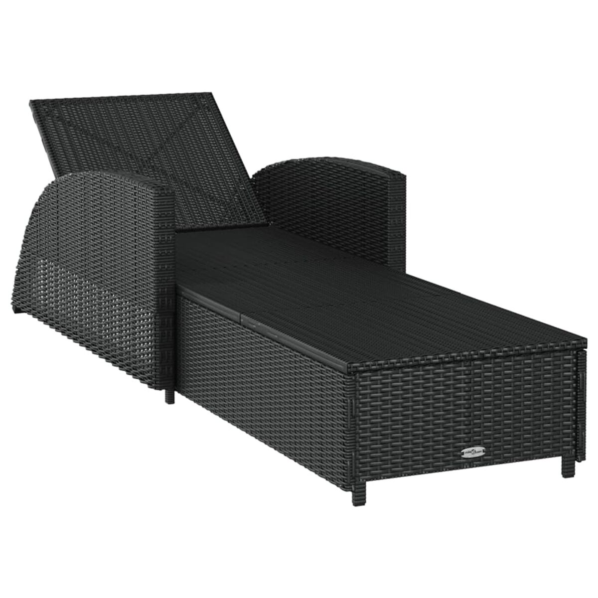 Schwarze Outdoor-Sonnenliege aus Korbgeflecht, mit verstellbarer Rückenlehne.