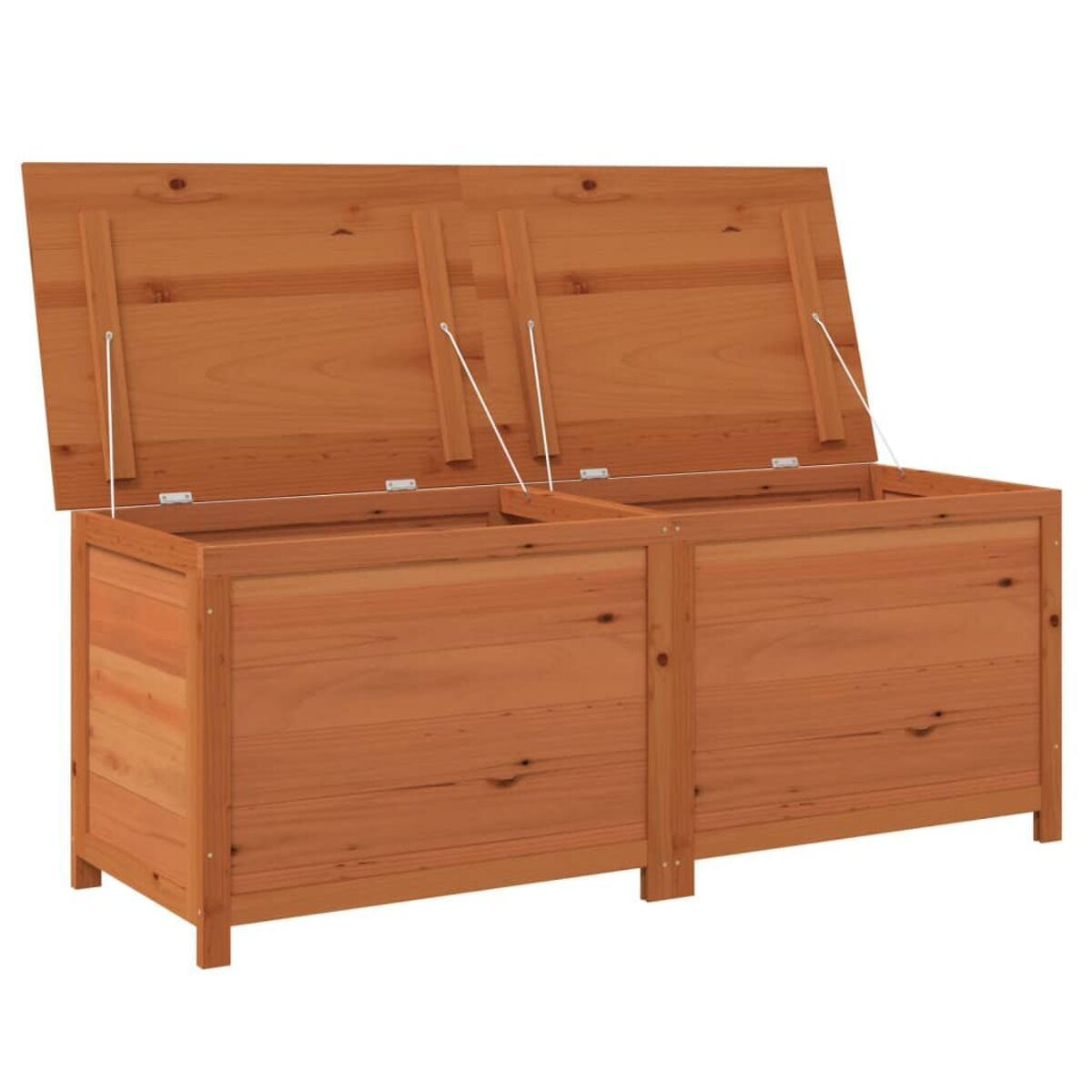 Zwei Holz-Truhen mit offenen Deckeln und einem hellen Hintergrund.