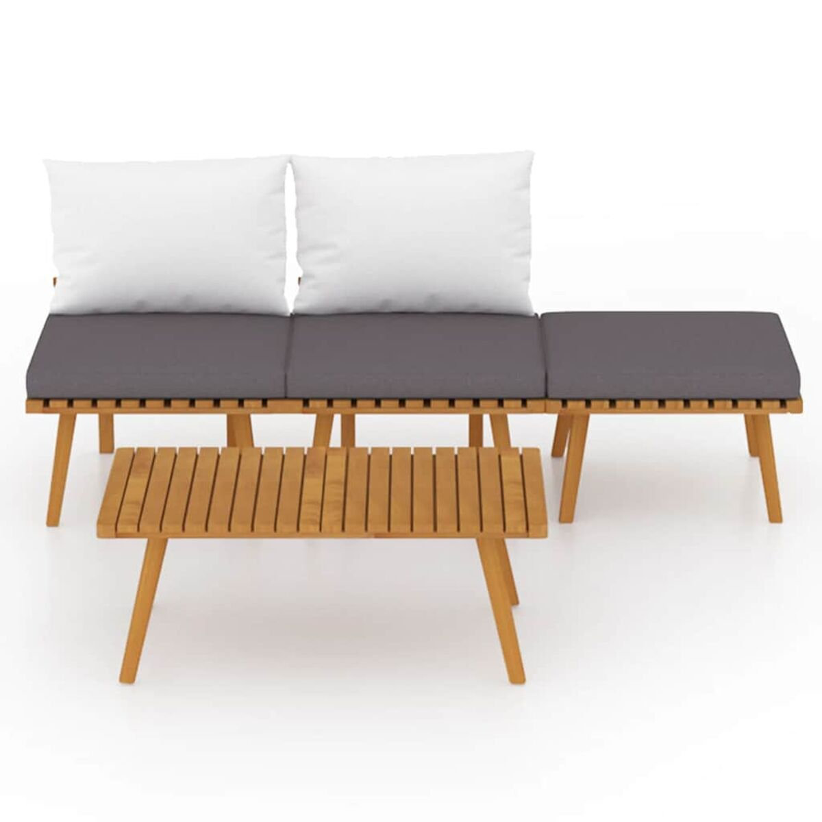 Holz-Sofa-Set für draußen mit Kissen und kleinem Couchtisch.