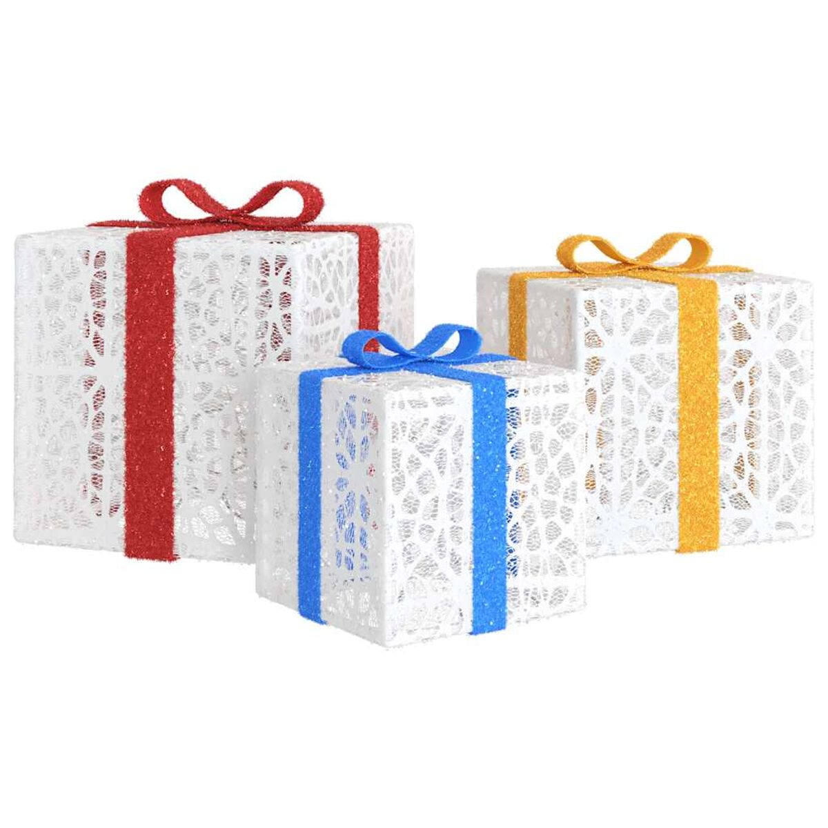 Drei weiße Geschenkboxen mit bunten Bändern: rot, blau und gelb. Dekoratives Design.