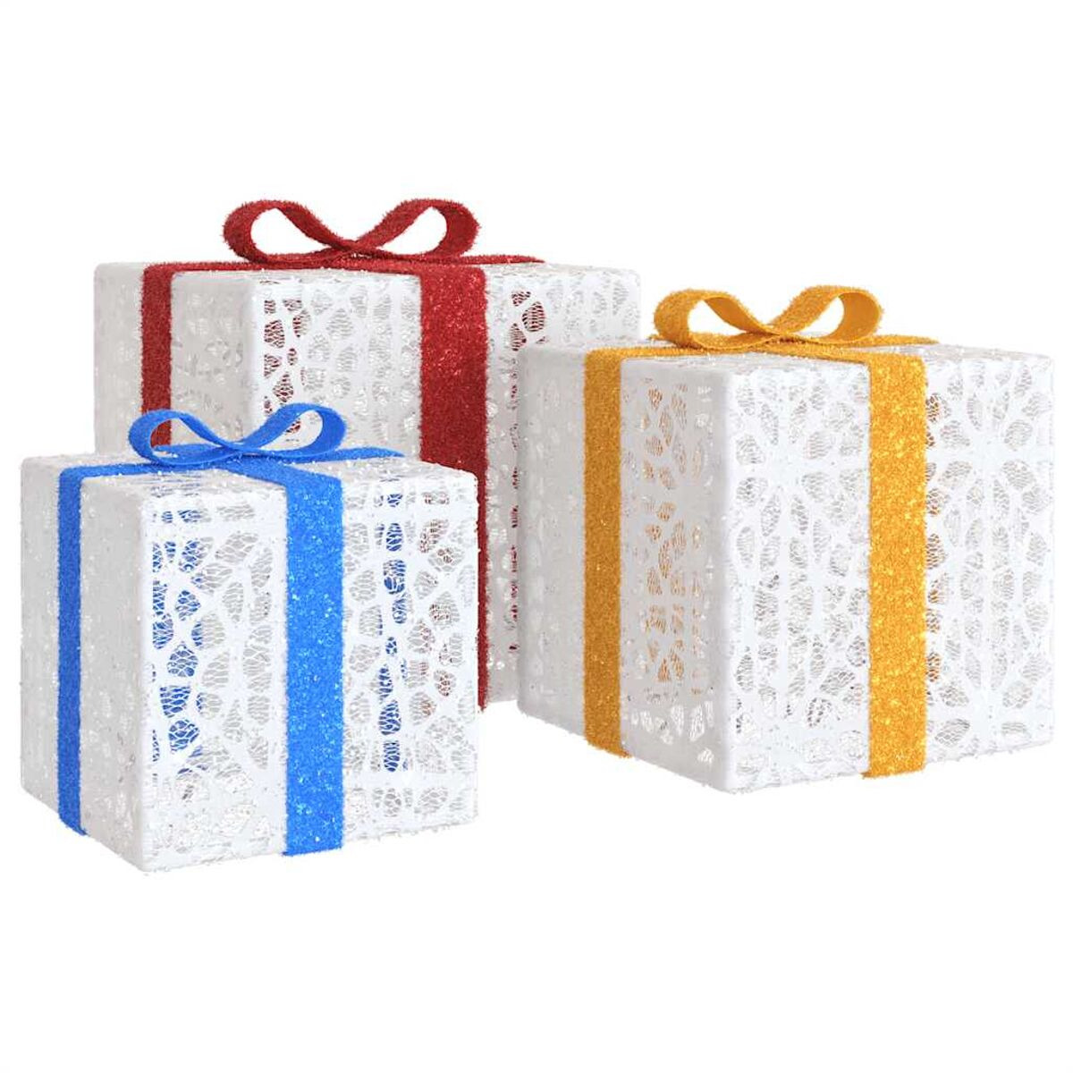 Drei Geschenkboxen, weiß mit bunten Bändern: rot, gelb und blau.
