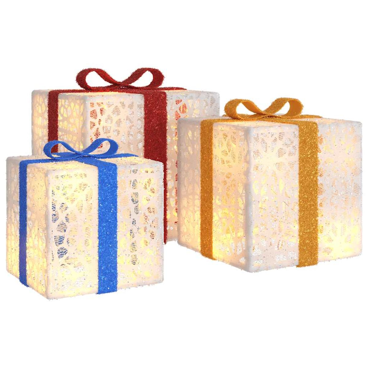 Drei beleuchtete Geschenkboxen mit Schleifen, verschiedene Farben: blau, rot, gold.