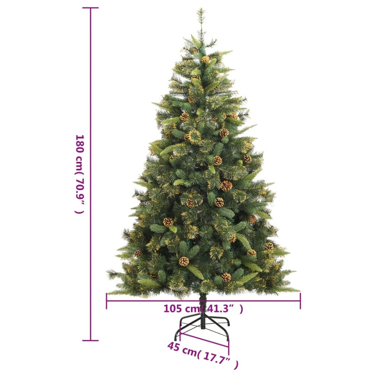 Künstlicher Weihnachtsbaum mit Maßen. Grünes Laub, Tannenzapfen und ein Ständer.