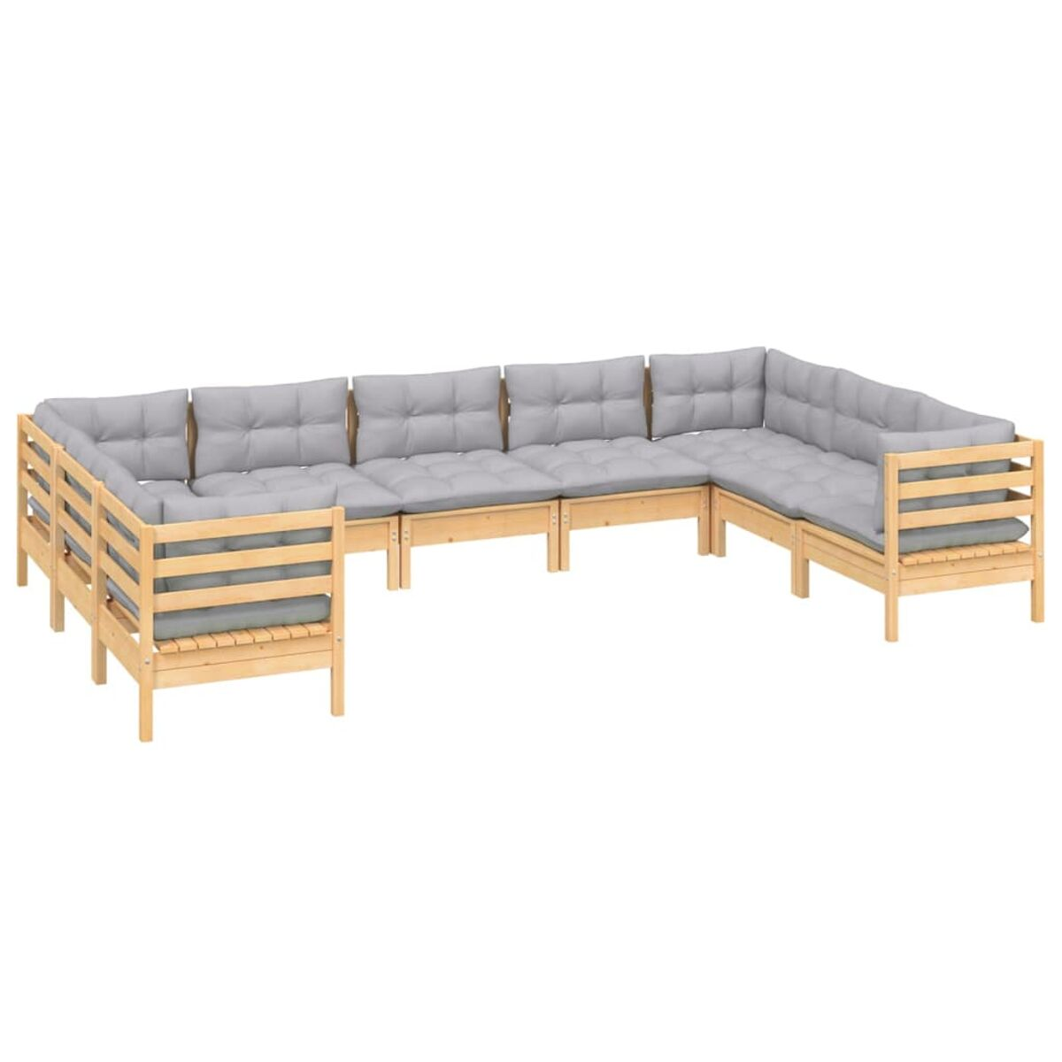 Ecksofa mit grauen Kissen und hellen Holzrahmen. Weißer Hintergrund.