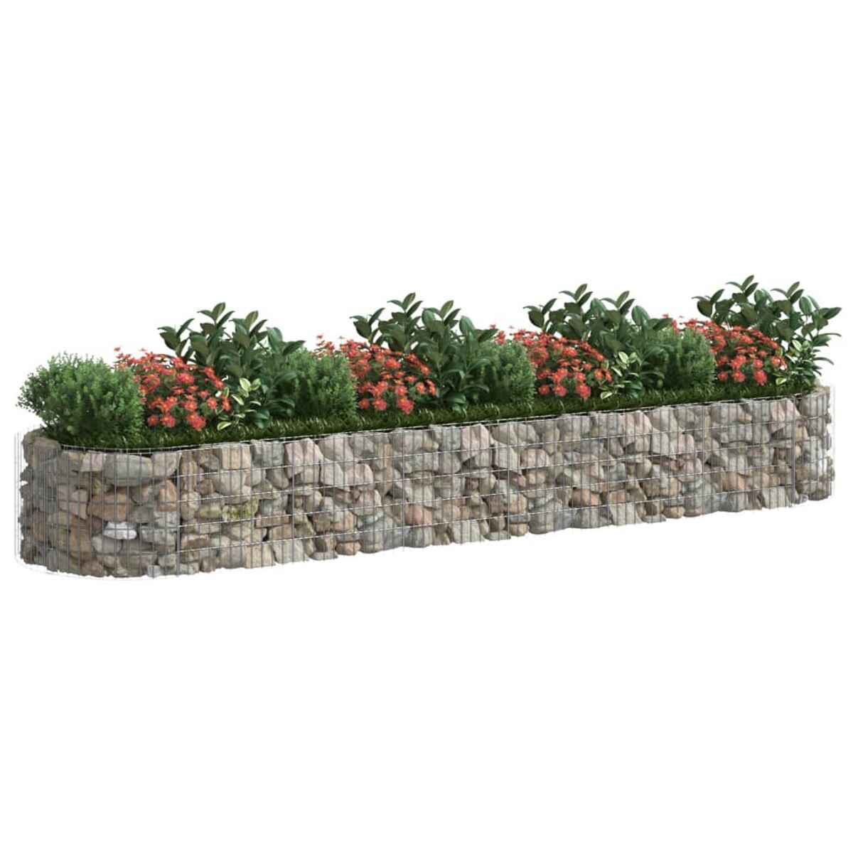 Stein- und Draht-Gabionenpflanzer gefüllt mit Grün und roten Blumen.