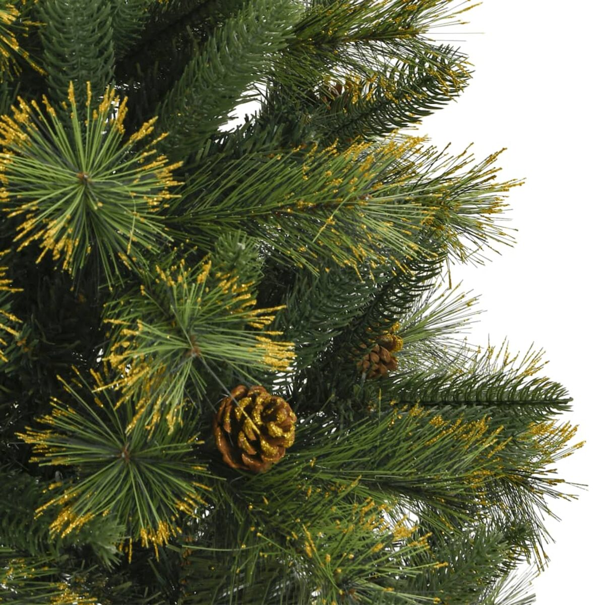 Nahaufnahme eines Weihnachtsbaumzweigs mit grünen Nadeln, gelbem Glitzer und Tannenzapfen.