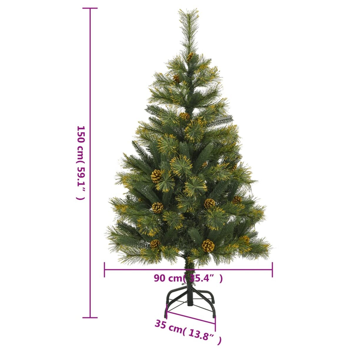 Ein künstlicher Weihnachtsbaum mit grünen Nadeln und braunen Tannenzapfen. Er hat einen Metallständer und vor weißem Hintergrund.