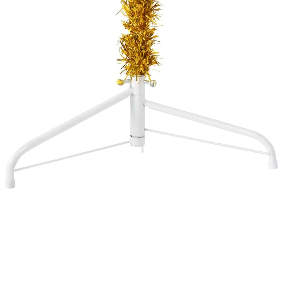 Weißer Metall-Weihnachtsbaumständer mit goldenem Lametta oben, isoliert auf weißem Hintergrund.