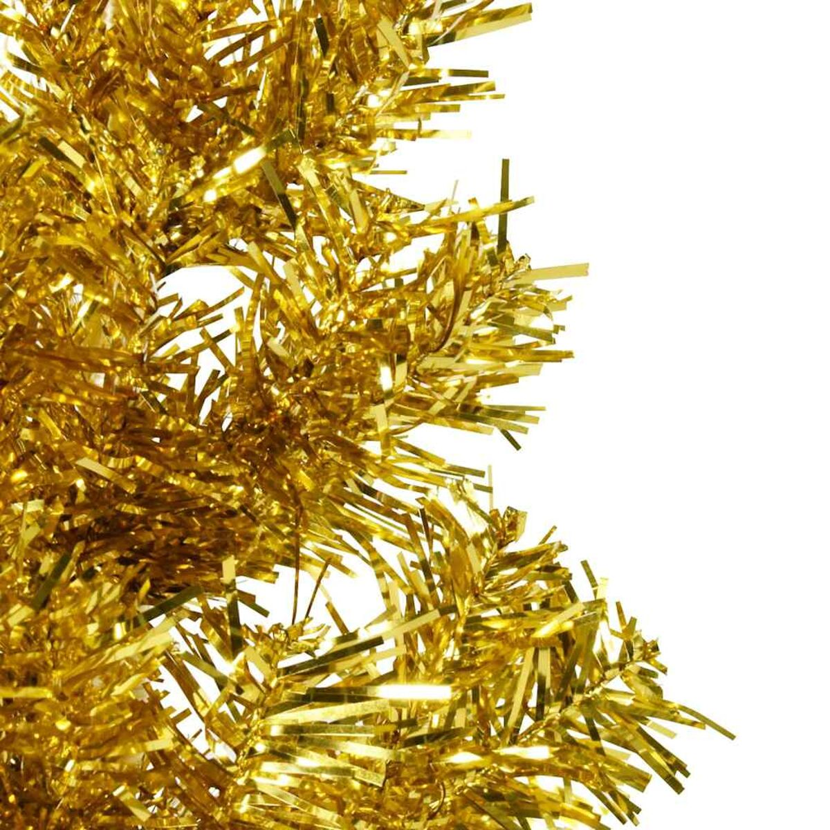Nahaufnahme von goldenem Lametta, das mit weißem Hintergrund glitzert.
