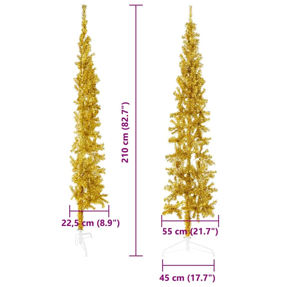 Zwei goldene Weihnachtsbäume mit weißen Basen und beschrifteten Abmessungen vor weißem Hintergrund.