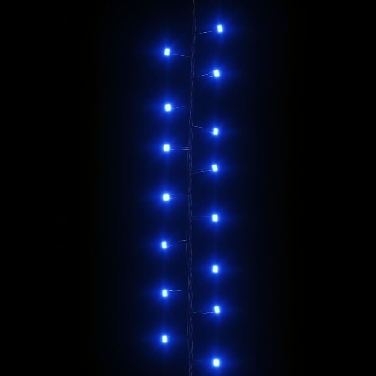 Lichterkette mit blauen LEDs auf schwarzem Hintergrund. Vertikale Anordnung.