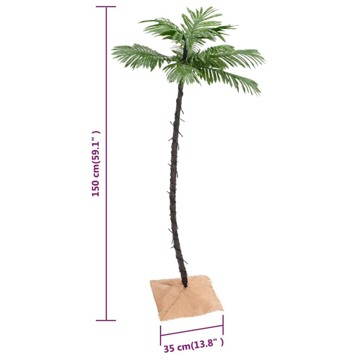 Palme mit grünen Wedeln. Sie steht auf quadratischer Basis, vor weißem Hintergrund.