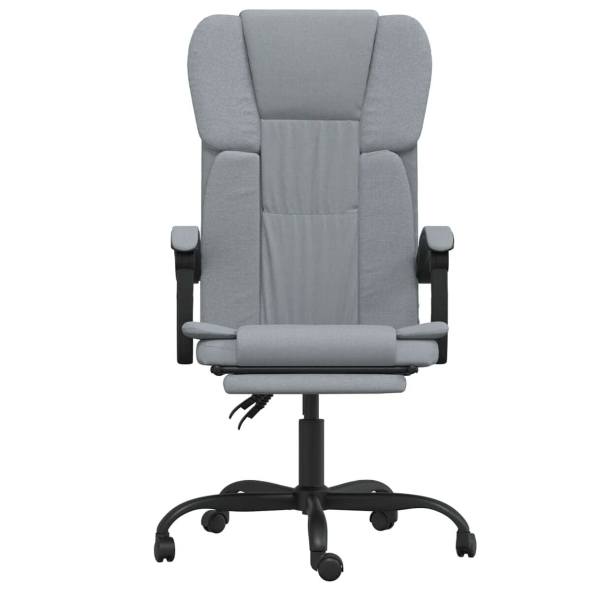 Grauer Bürostuhl. Frontansicht zeigt Armlehnen, Räder und verstellbare Funktionen.