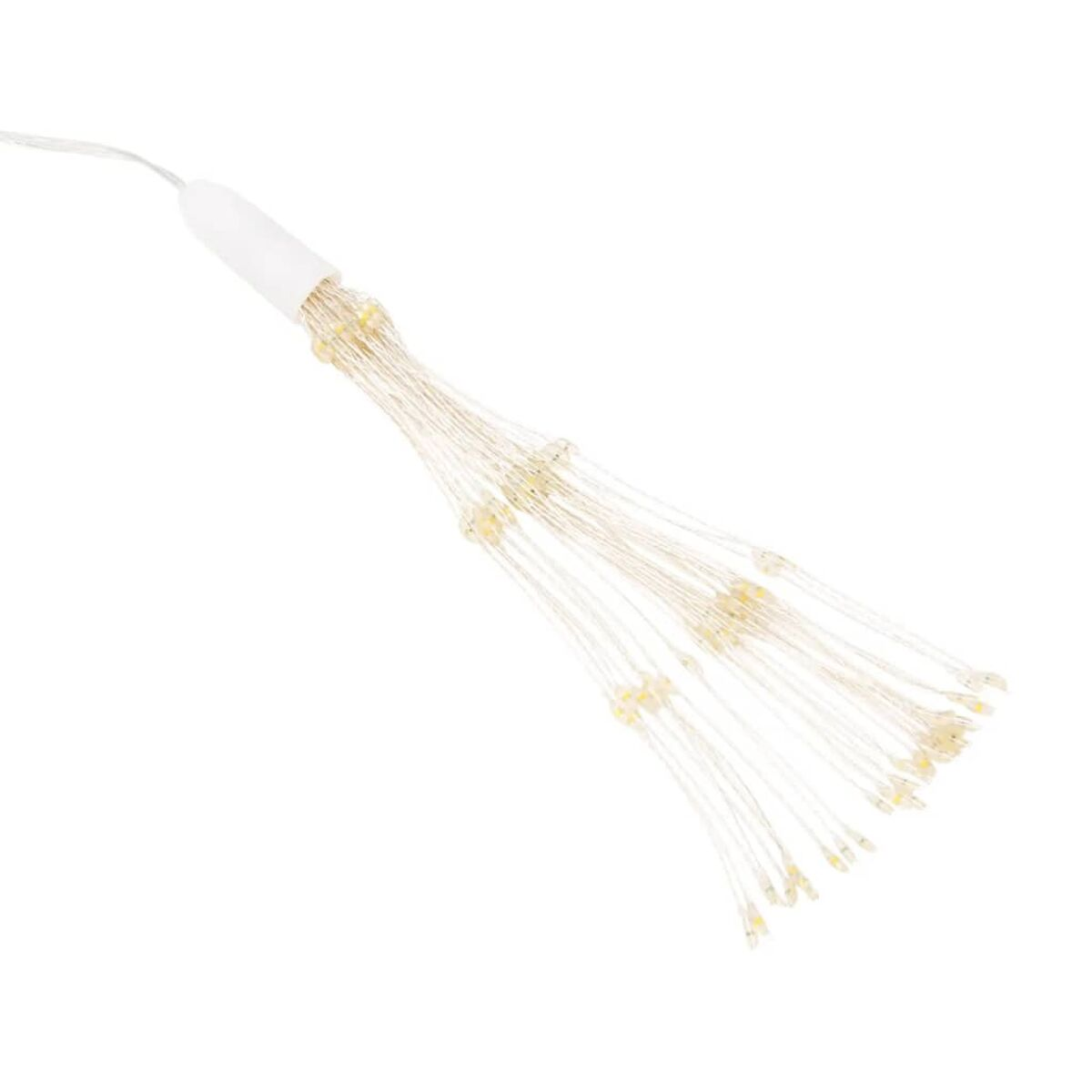 Lichterketten in einem weißen Rohr. Die Lichter sind klein und zahlreich, mit einem weißen Kabel.