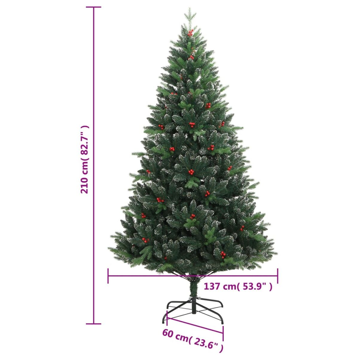 Künstlicher Weihnachtsbaum mit roten Beeren, stehend. Grüne Nadeln, auf schwarzem Ständer. Maße gezeigt.
