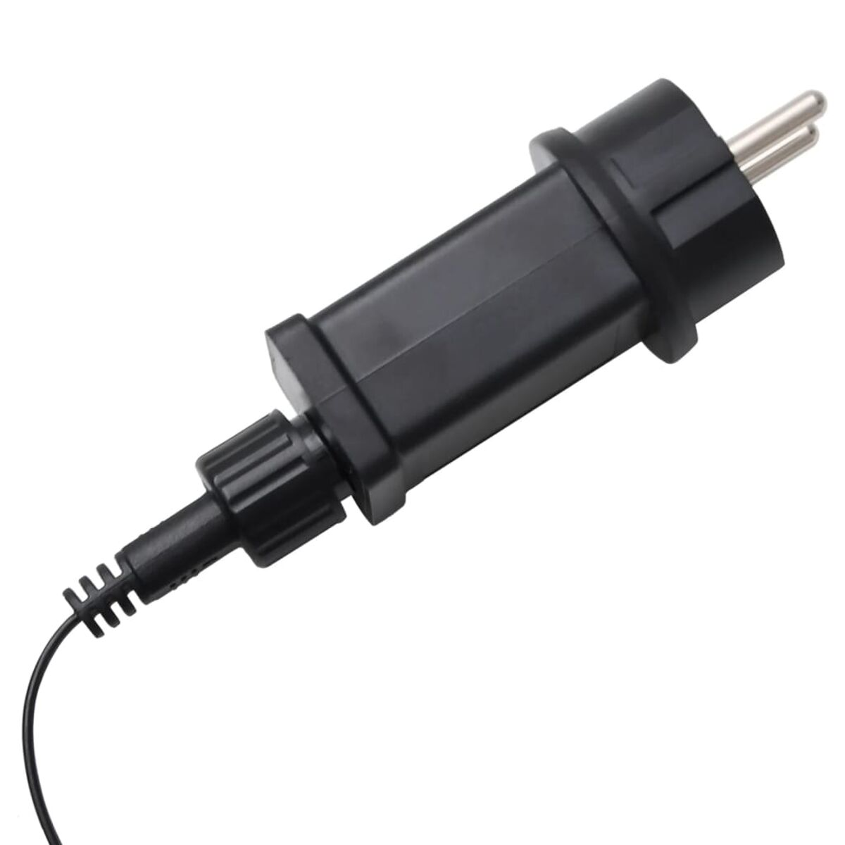 Schwarzer Netzadapter mit europäischem Stecker und Anschlusskabel.