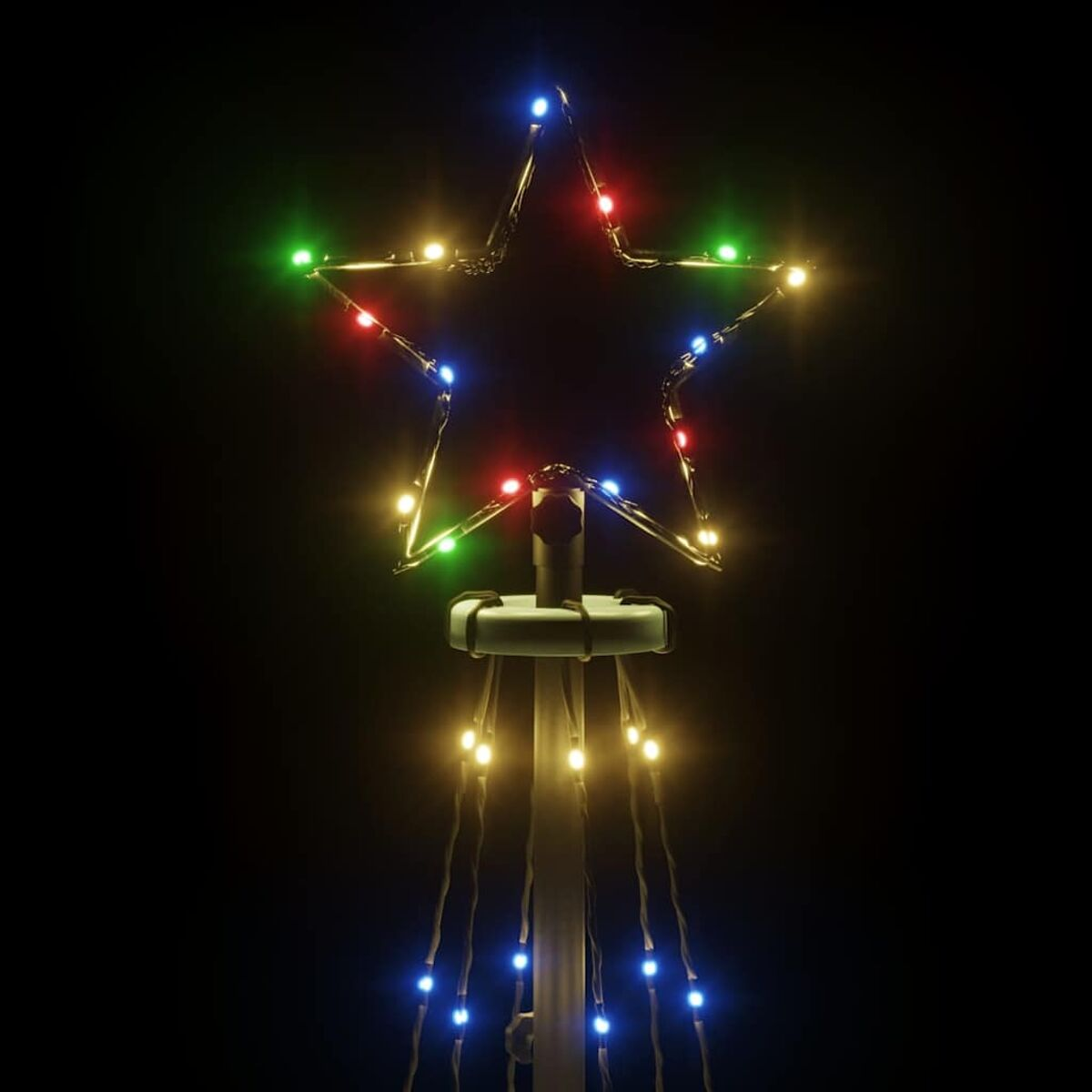 Eine beleuchtete sternförmige Weihnachtsdekoration. Die Lichter sind in verschiedenen Farben. Es ist vor Schwarz.
