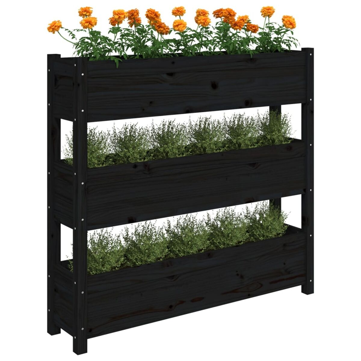 Ein mehrstufiger Pflanzkübel mit Blumen und Pflanzen. Der Pflanzkübel ist schwarz.
