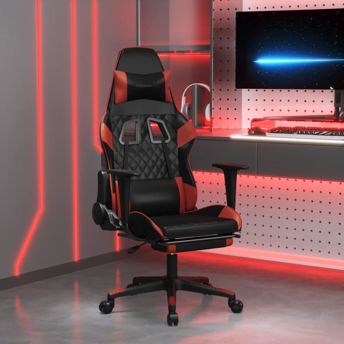 Gaming-Stuhl mit roten und schwarzen Akzenten in einem Gaming-Raum.
