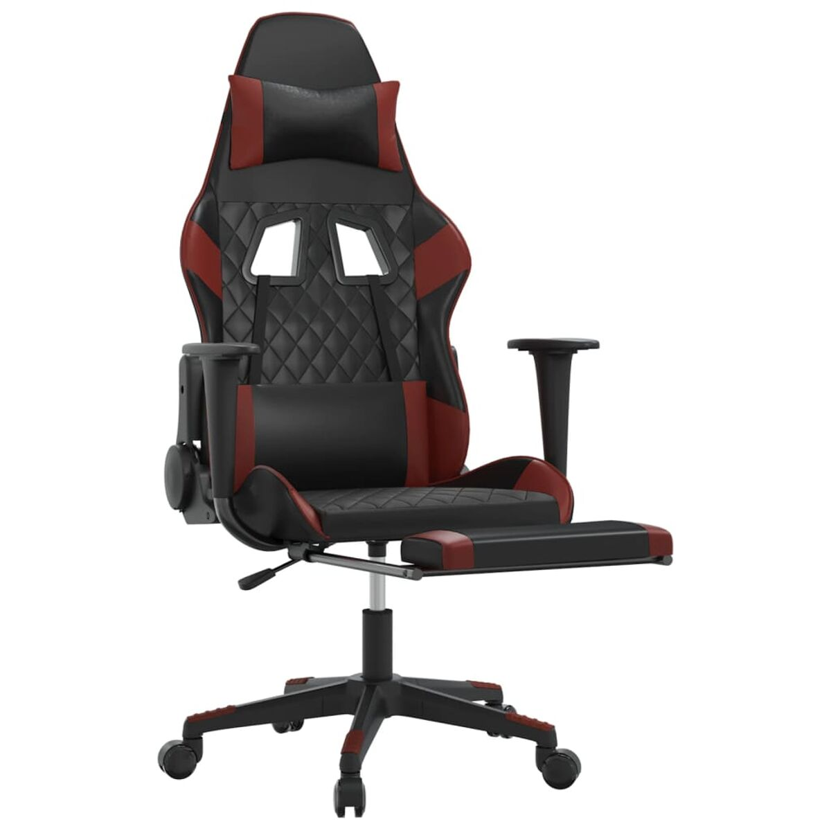 Schwarzer und roter Gaming-Stuhl mit Kopfstütze, Fußstütze und Armlehnen auf weißem Hintergrund.