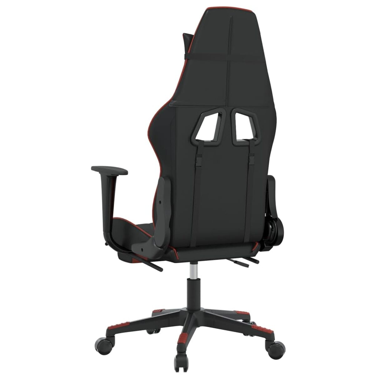 Schwarzer Gaming-Stuhl mit roten Akzenten, Rückansicht.