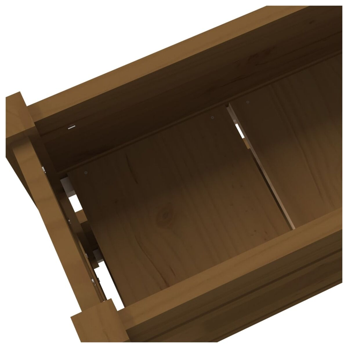 Nahaufnahme des Inneren einer Holzschublade. Die Schublade ist aus braunem Holz gefertigt.