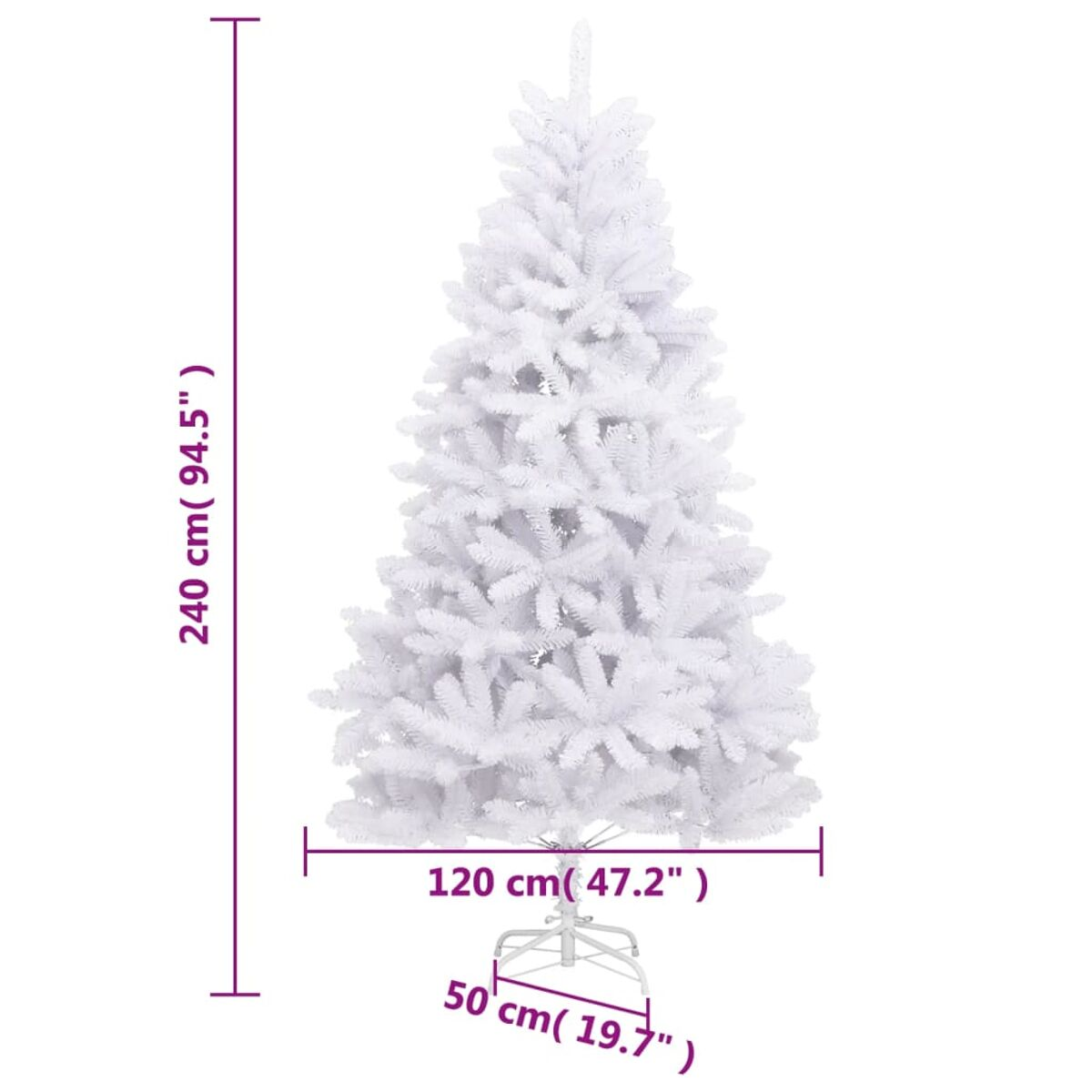Weißer künstlicher Weihnachtsbaum mit Maßen in Zentimetern und Zoll.