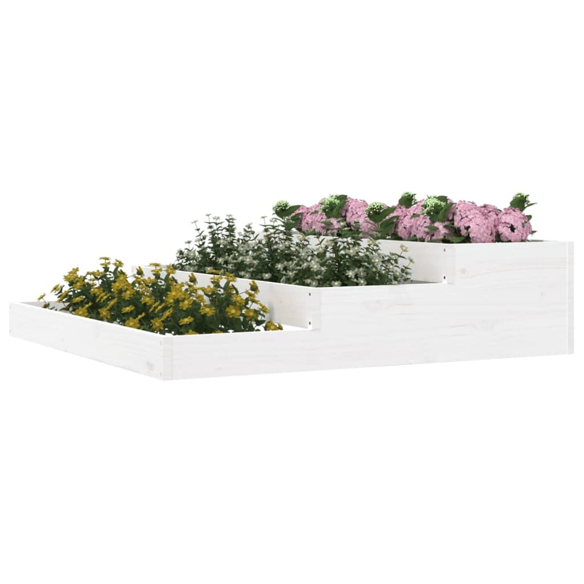 Eine weiße, abgestufte Pflanzkiste mit drei Reihen Pflanzen, gelben, weißen und rosa Blumen.