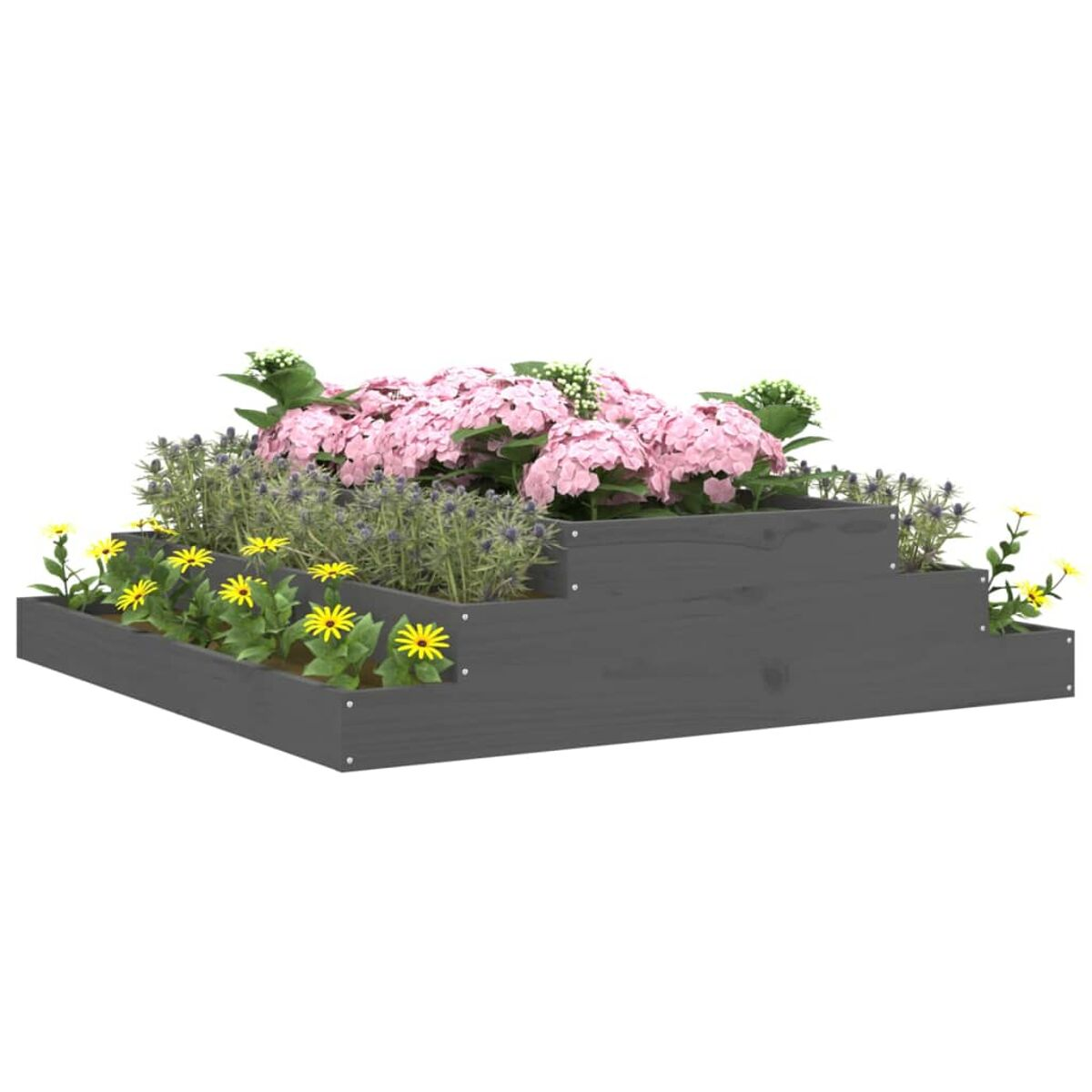 Ein mehrstufiger grauer Holzpflanzer gefüllt mit rosa Hortensien, gelben Blumen und grünem Laub.