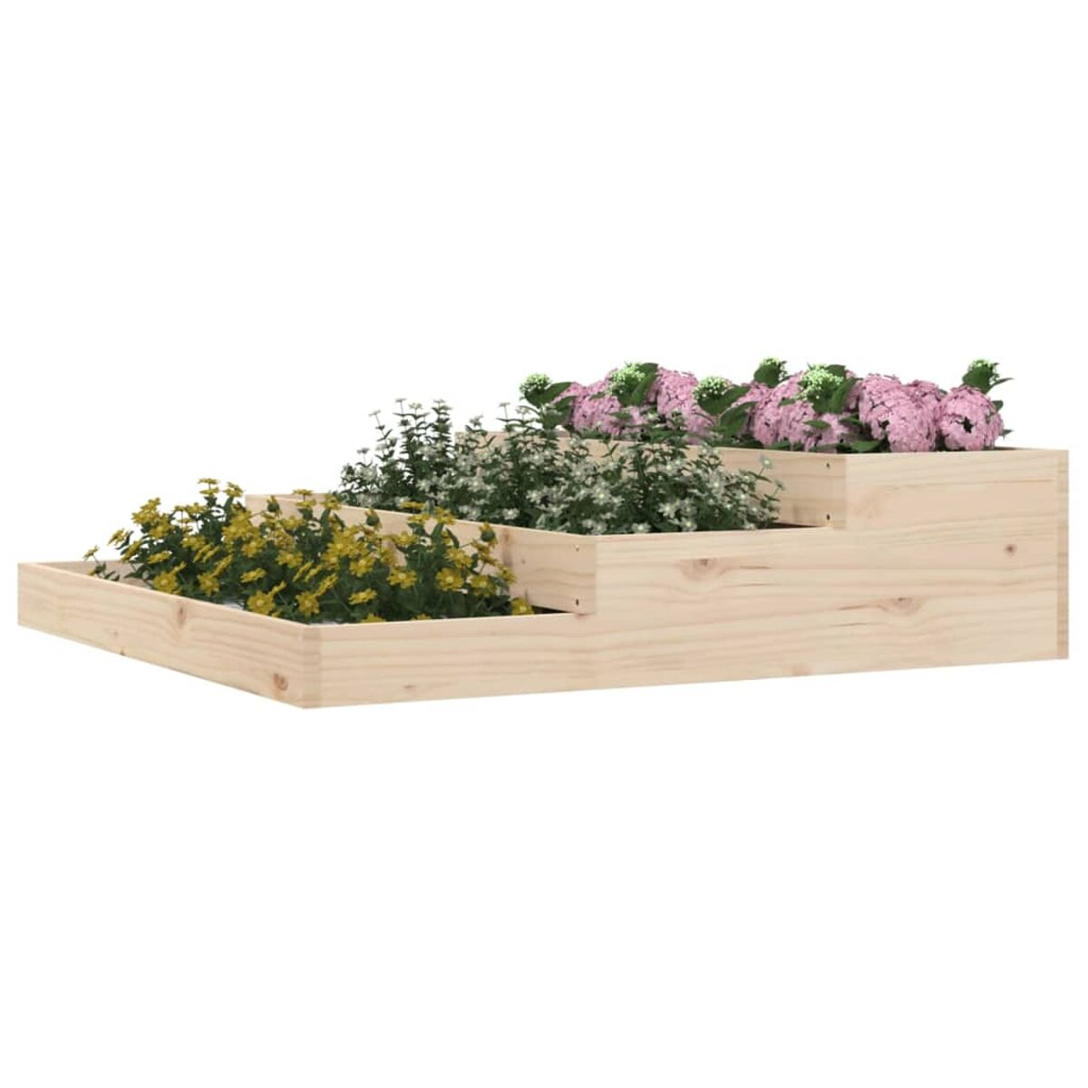 Gestufter Holzpflanzer mit verschiedenen Blumen, darunter gelbe und rosa Blüten.