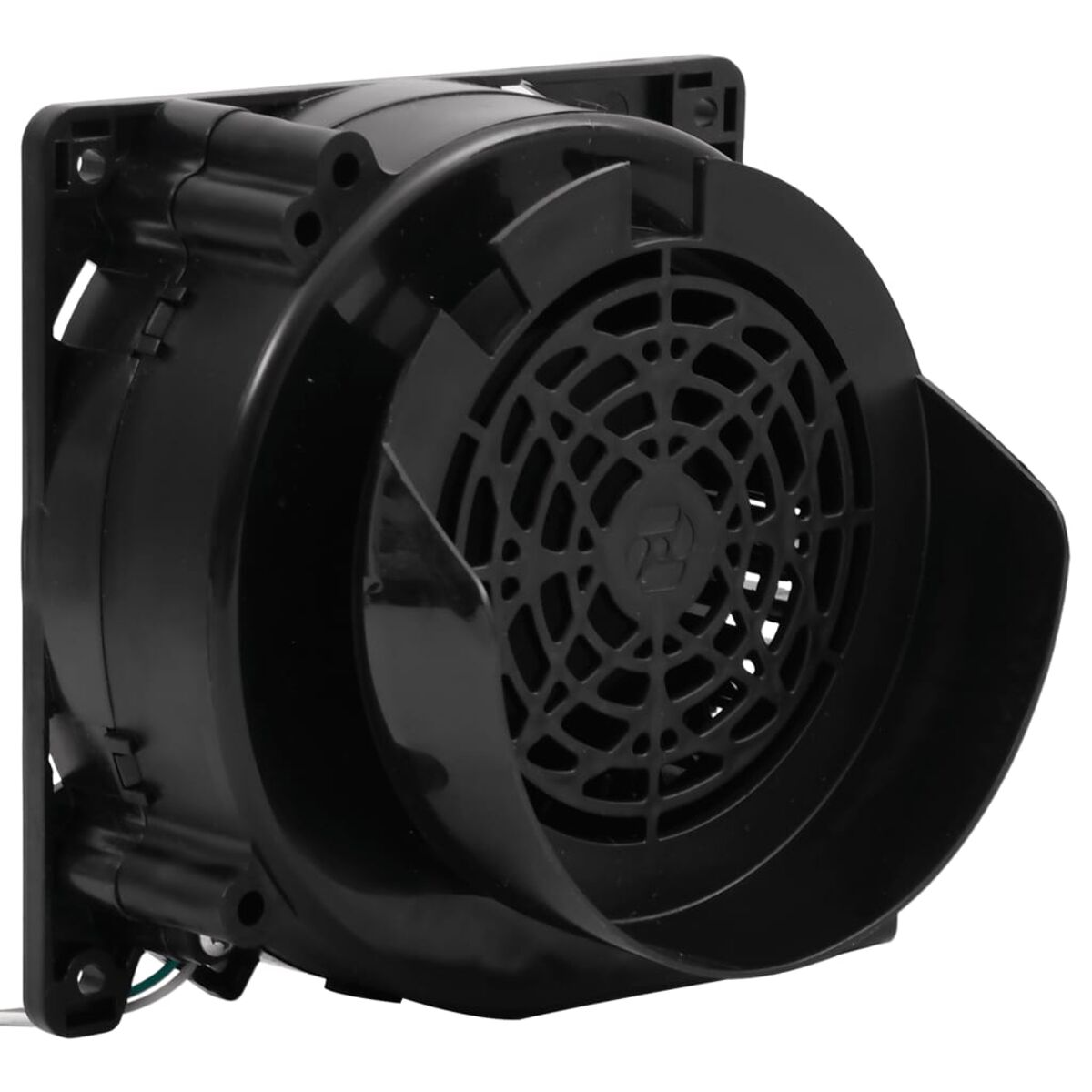 Ein schwarzer Ventilator mit Schutzgitter. Es hat ein rundes Design.