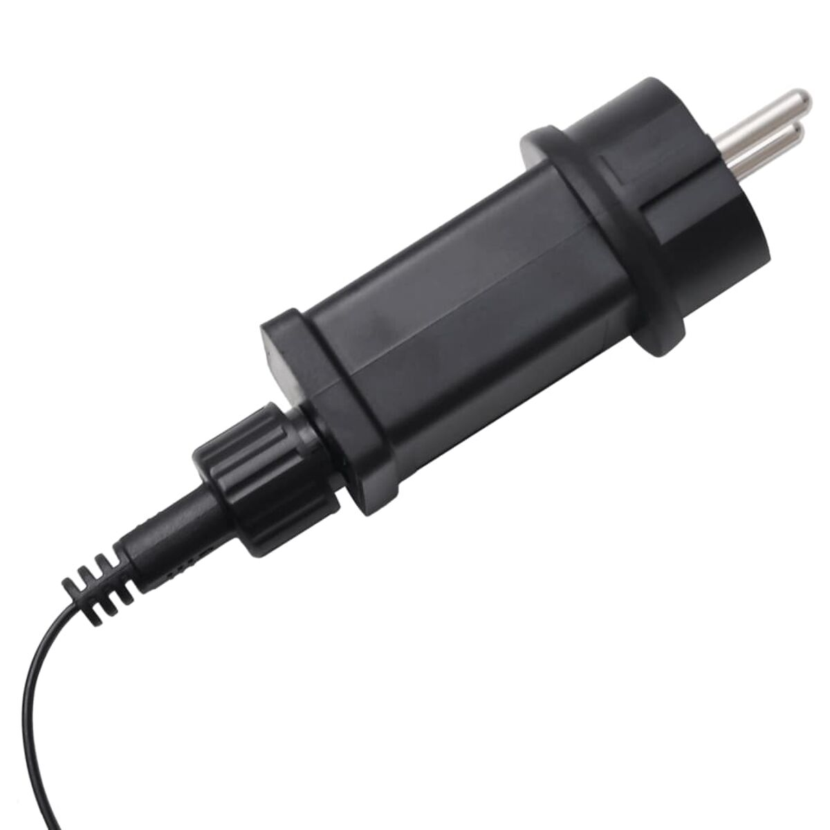 Schwarzer Netzadapter mit Stecker und kleinem Kabel.