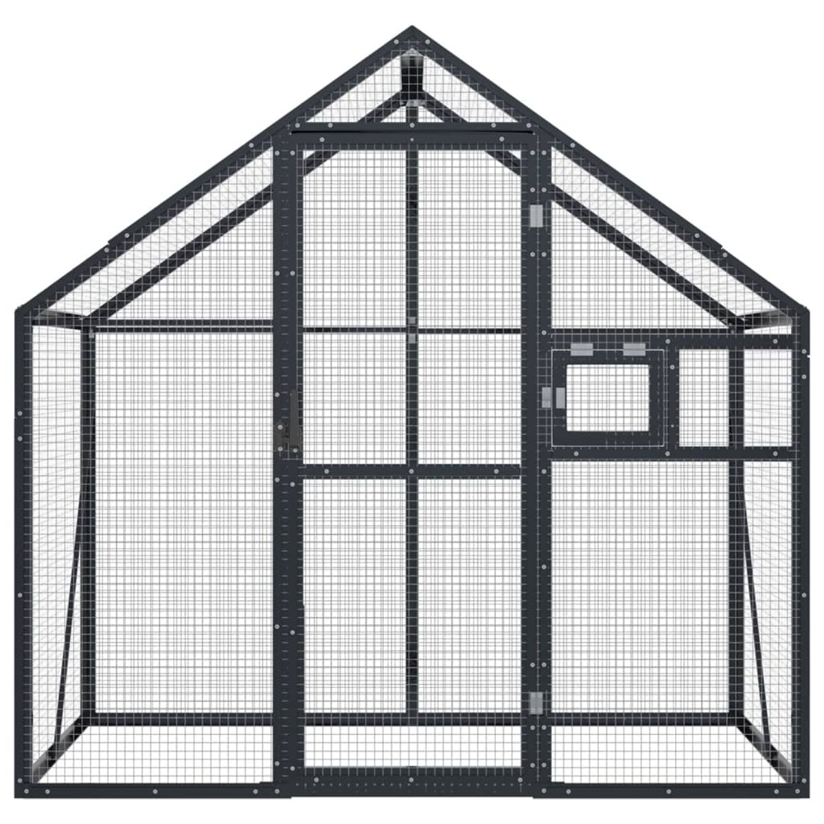 Ein schwarzes Metallgewächshaus mit Maschenrahmen, entworfen mit einem Satteldach und einem kleinen Seitenfenster.