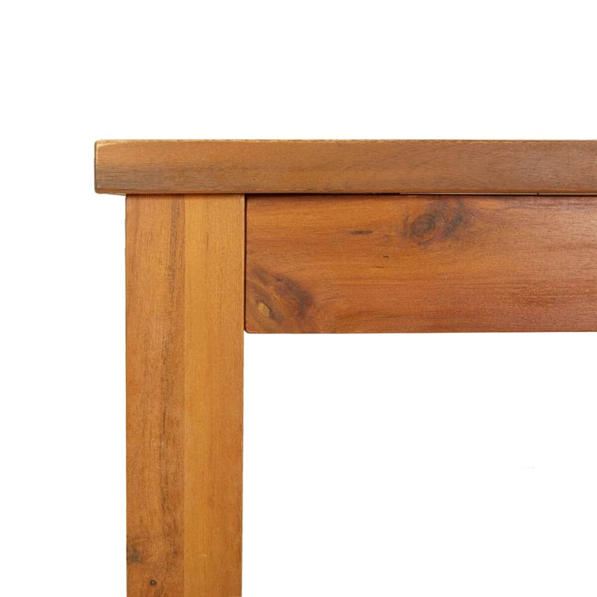 Nahaufnahme einer Holztischecke. Das Holz ist braun und in einem 90-Grad-Winkel verbunden.