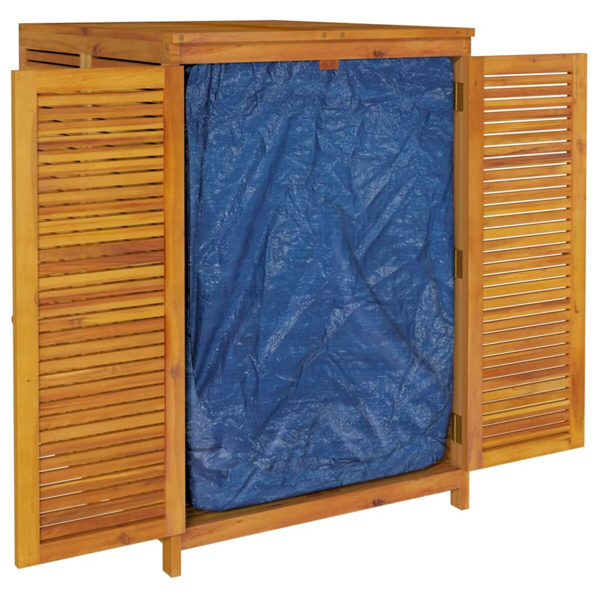 Ein Holzschrank mit offenen Türen, die eine blaue Plane zeigen. Der Schrank hat vertikale Lamellen.