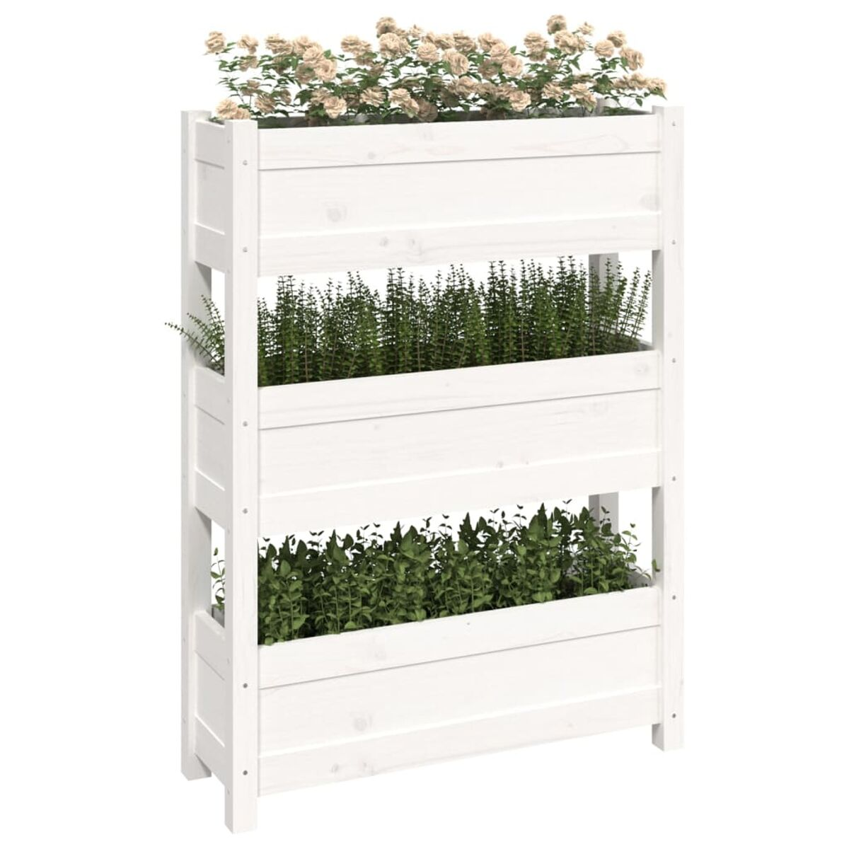 Weißer Holz-Pflanzenständer mit drei Ebenen Pflanzen und Blumen. Es ist weiß.