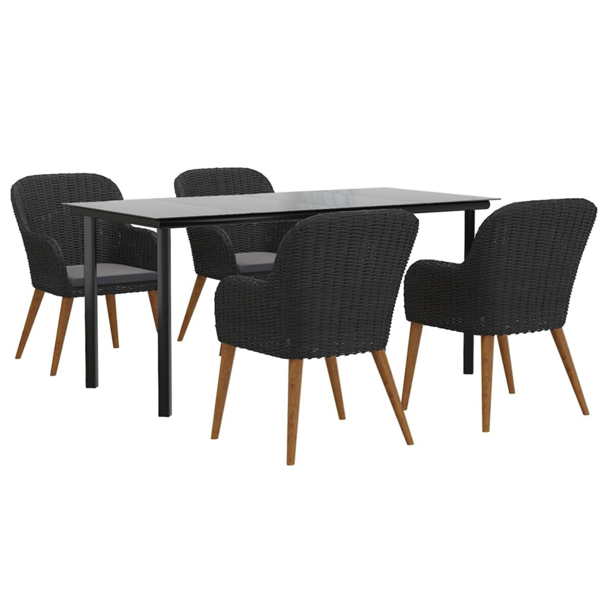Essgruppe im Freien mit schwarzem Tisch und vier schwarzen Korbstühlen mit Holzbeinen. Weißer Hintergrund.