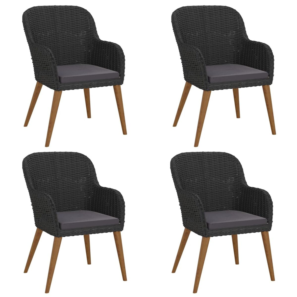 Vier schwarze Korbstühle mit Holzbeinen und grauen Kissen, in einer Gruppe angeordnet.